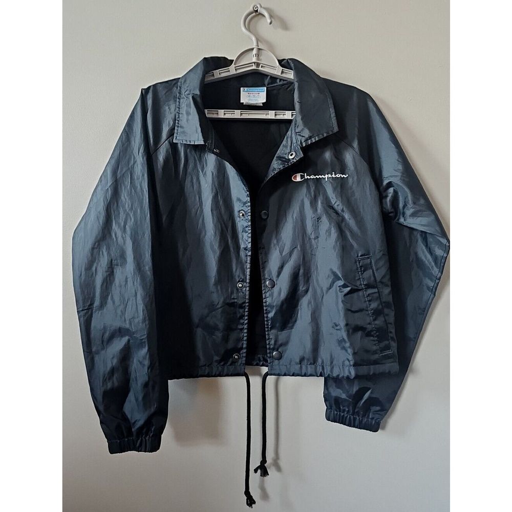 Champion Vintage Cropped Windbreaker Nylon Button Up Black Women's Trendy